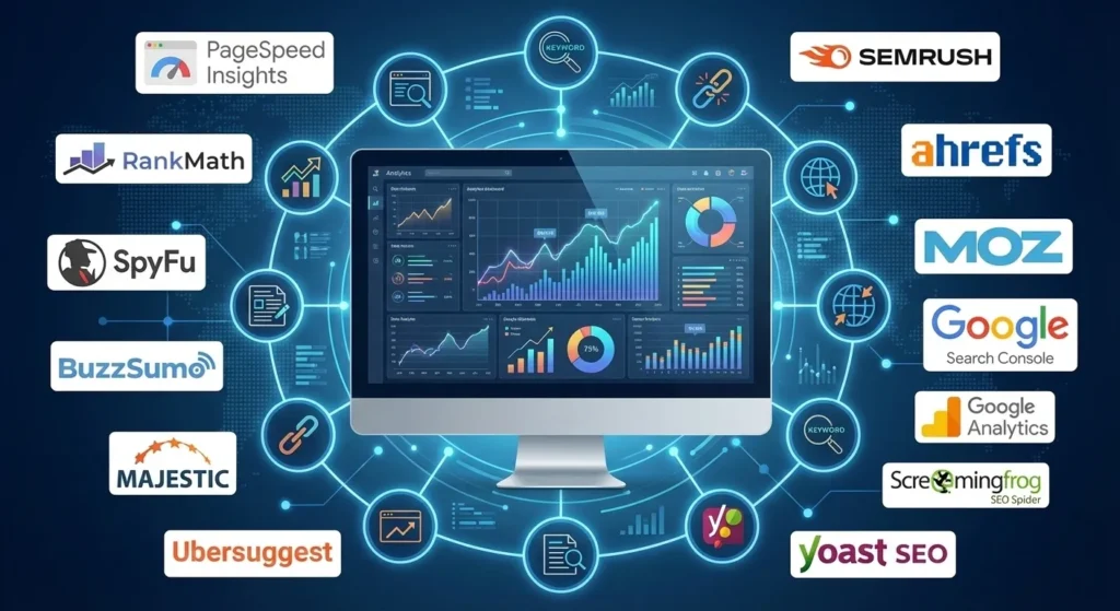 14 Melhores Ferramentas de SEO Para Otimizar Seu Site 1 Coleção de logos das principais ferramentas de SEO utilizadas por profissionais de marketing digital