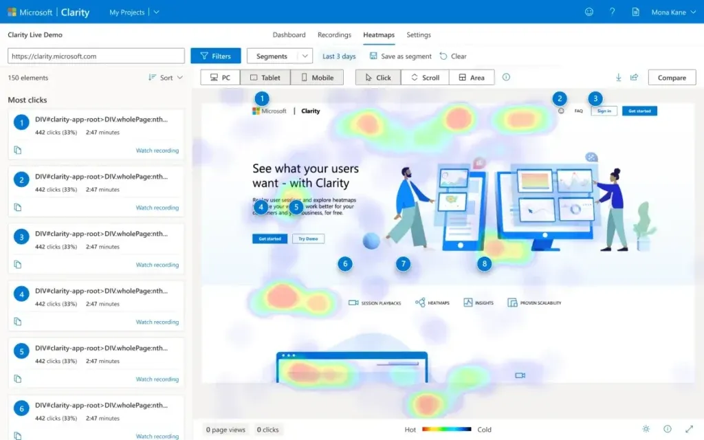 Microsoft Clarity mapa de calor